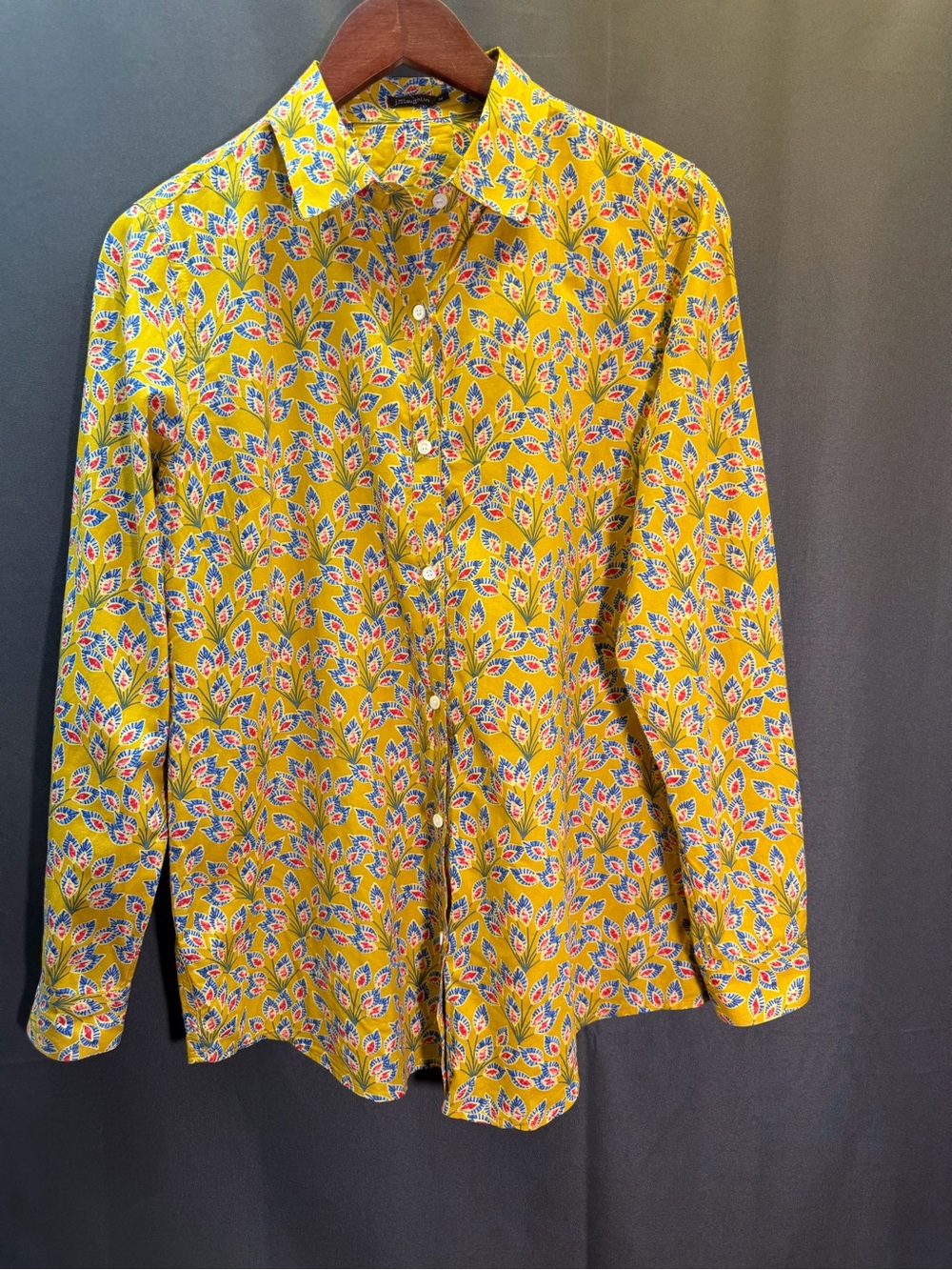 J McLaughlin Button up Shirt Womens Size M Mustard Yellow Floral Cotton Preppy